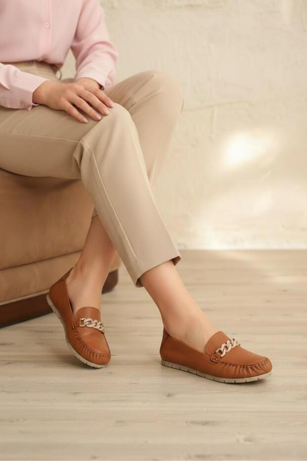 Women's Genuine Leather Shoes - Large Size 41-44, Tan Leather
