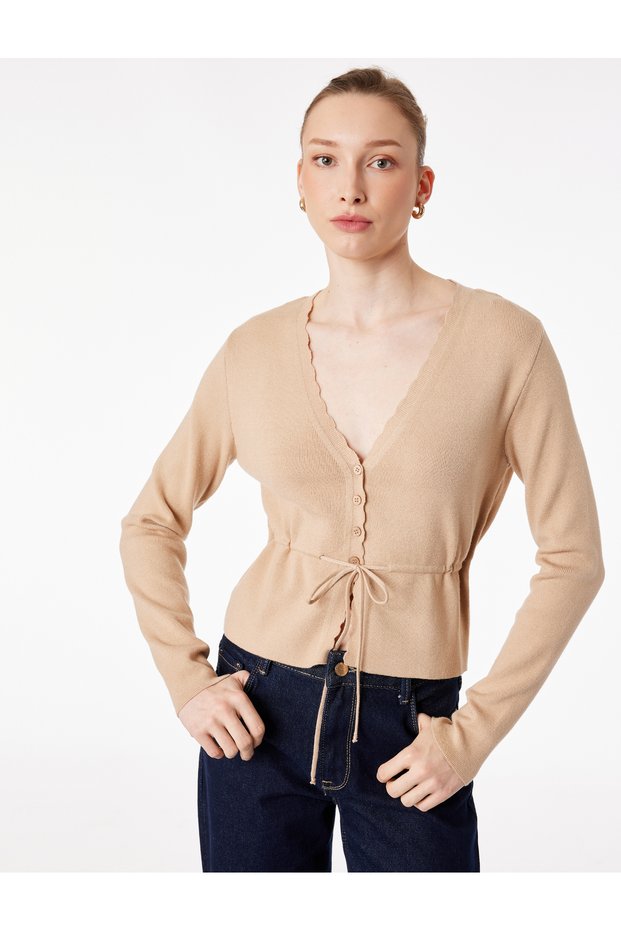 Long-Sleeved Buttoned V-Neck Knitwear Cardigan with Waist Tie Detail