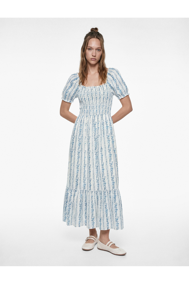 Cotton Short Balloon-Sleeve U-Neck Shirred Floral Maxi Dress