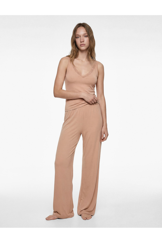 V-Neck Lace Detailed Viscose Strap Pajama Top