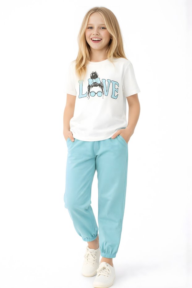 Girl's Tracksuit Set Combed Cotton Short Sleeve Printed Top and Elastic Leg with Pockets 6-13 Years