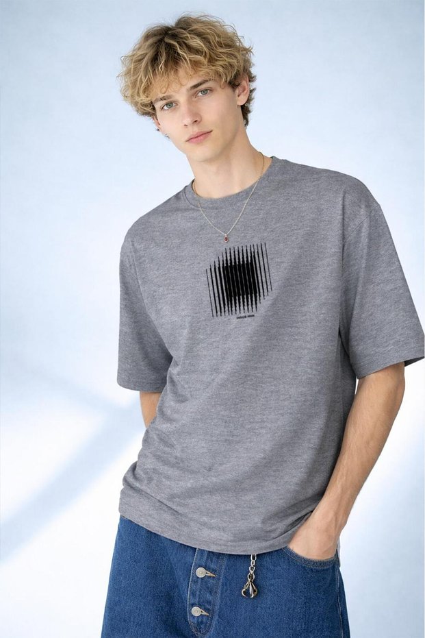 Men's Isometric Line Detailed 100 Yüz Cotton Gray T-Shirt