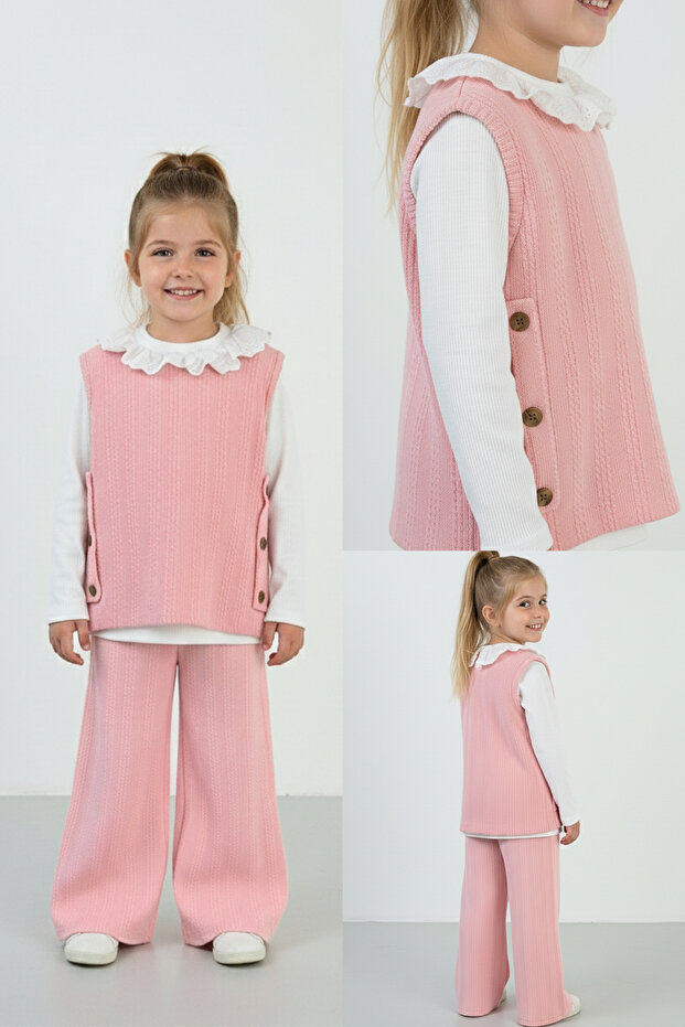 Pink Knitted Patterned Sweater Three-Piece Girls' Set