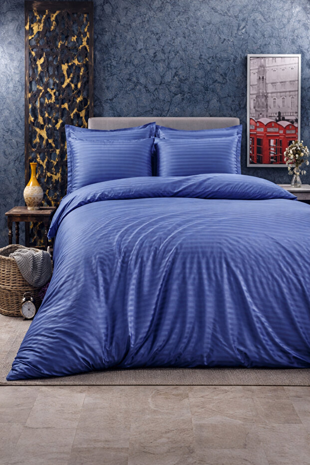 Striped Cotton Satin Indigo Hotel Series Single Duvet Cover Set with Elastic Sheets