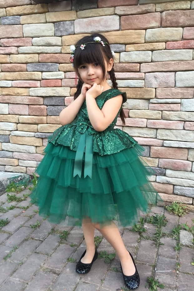 Girl's Evening Dress Sequined Tulle Dress Green