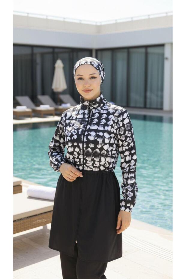 Rabia Beachwear Swim Hijab Swimsuit with Bone and Bag Gift, Adjustable Waist, Elastic, Fully Covered