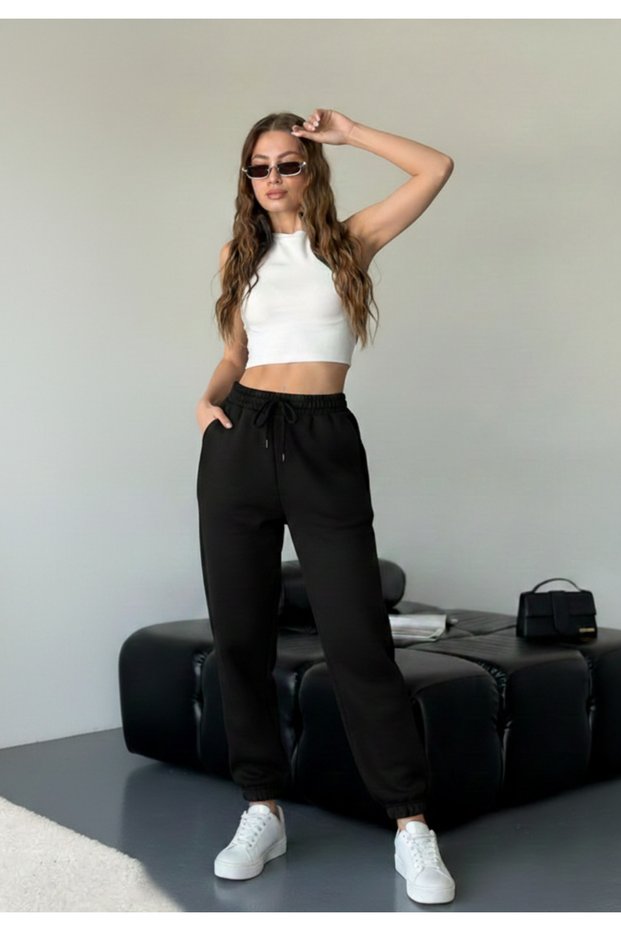 Women's Black High Waist Jogger Sweatpants with Elastic Legs