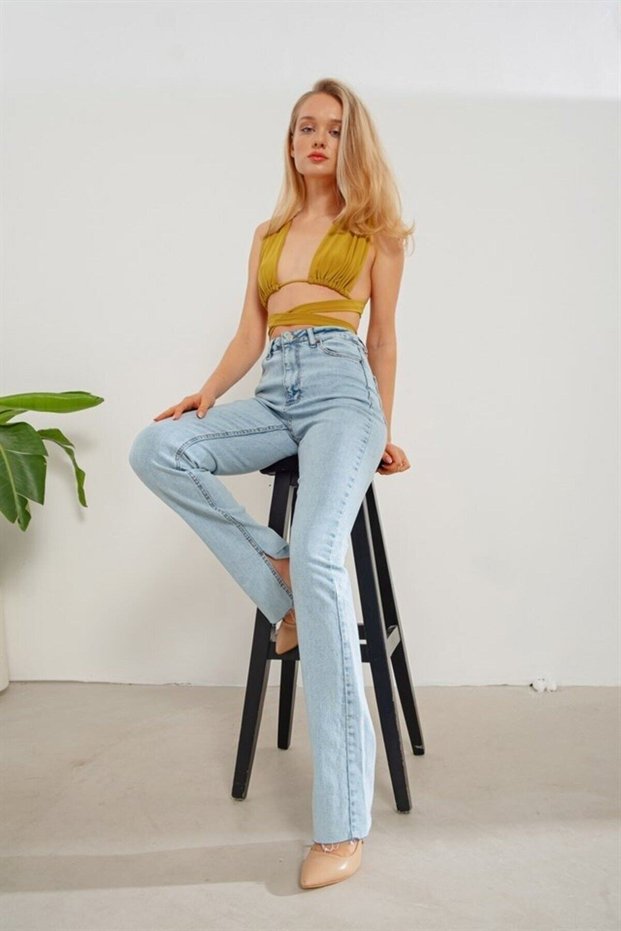 Lusia 90's Slit Striagth Blue Lycra Super High Waist Loose Jean Trousers
