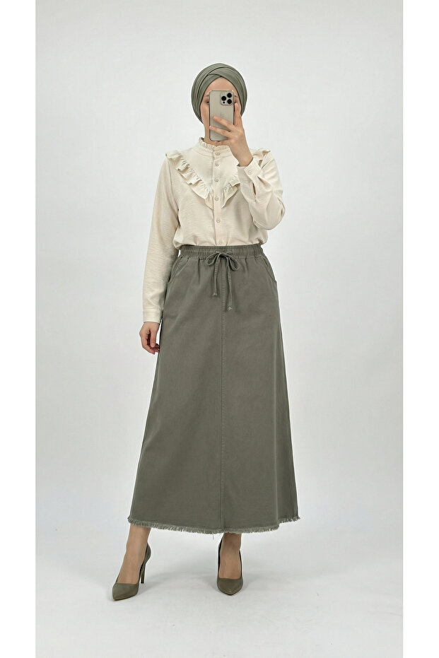 Feyona Six-Tassel Gabardine Skirt-Ma4281 Khaki