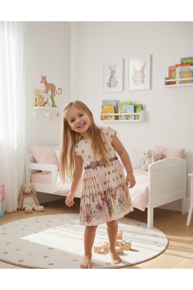 Girl Child Baby Pink Dotted Floral Birthday Gift Stylish Princess Dress