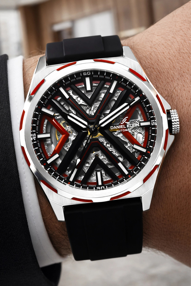 Silicone Cord Steel Case Automatic Mechanism Men Wrist Watch Black-Red Sddk102