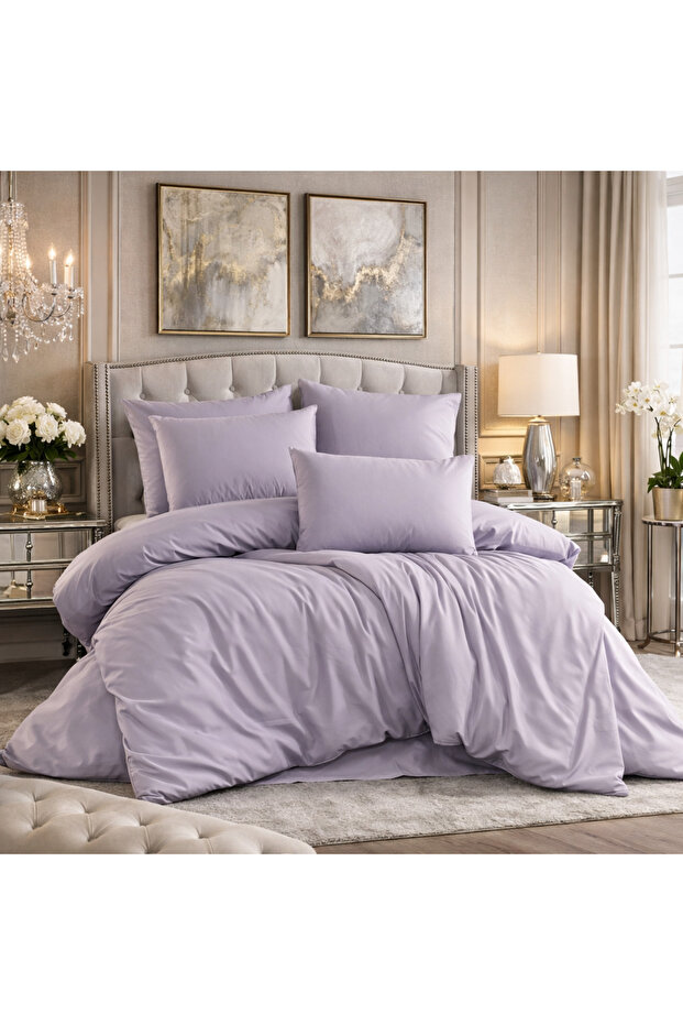 Ranforce 100% Cotton Solid Color Light Gray Double Duvet Cover Set with Elastic Sheet and 4 Pillows