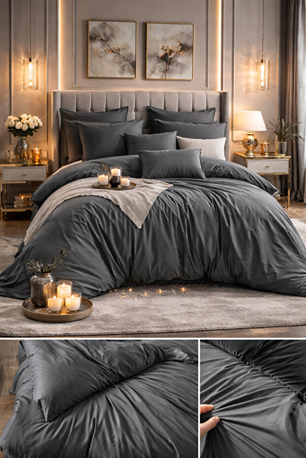Ranforce 100% Cotton Solid Color Anthracite Single Duvet Cover Set with Elastic Sheet and 2 Pillows