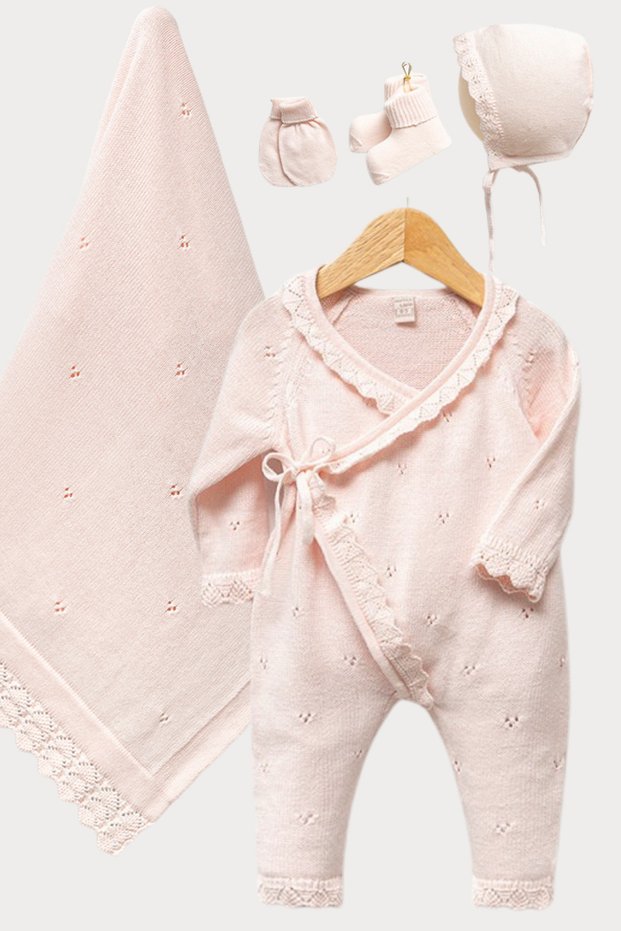 100% Cotton Baby Girl 5-Piece Hospital Discharge Set Pink Knitted Jumpsuit, Lace Blanket, Hat, Gloves Booties