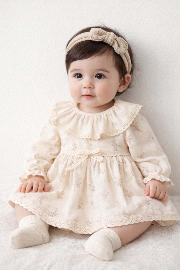 Wondress Baby Girl Ruffle Collar Muslin Dress Beige