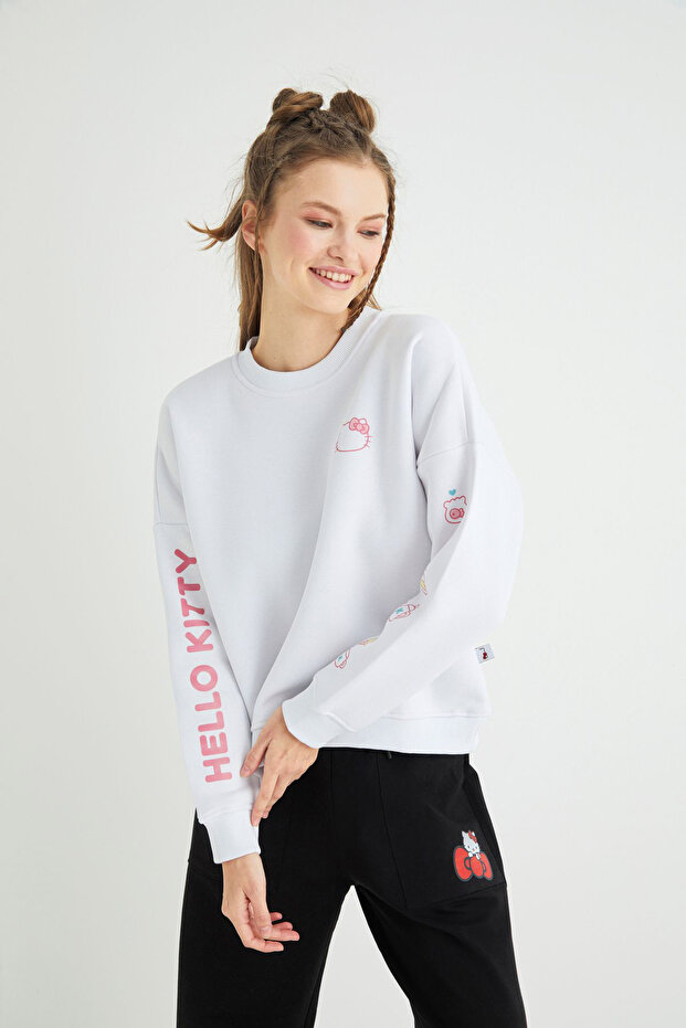 Lisanslı Baskılı Kalın Oversize Beyaz Sweatshirt - 4
