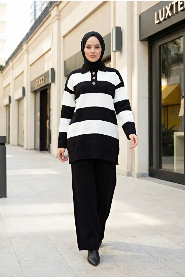 Women's Striped Standard Buttoned Shirt Collar Hijab Suit