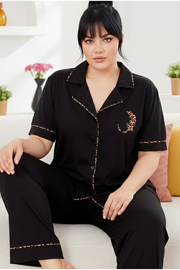 Black Shirt Collar Leopard Embroidered Buttoned Ribbed Oversized Plus Size Short Sleeve Viscose Pajama Set