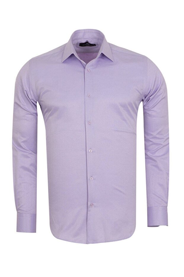 Men's Lilac Cotton Diagonal Fabric Bias Striped Slim and Regular Fit Long Sleeve Shirt