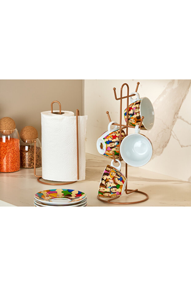 2-Piece Rose Kitchen Organizer Set with Paper Towel Holder and 6-Compartment Cup Hanger, Stainless Metal