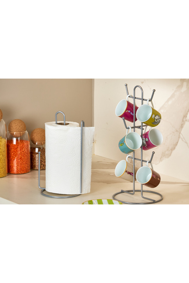 2-Piece Matte Silver Kitchen Organizer Set with Paper Towel Holder and 6-Compartment Cup Hanger in Stainless Metal