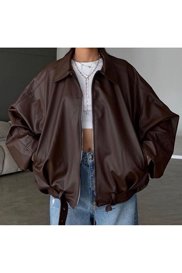 Women's Oversize Leather Jacket – Oversize Zippered Belt Detailed Casual Women's Jacket Aci Brown