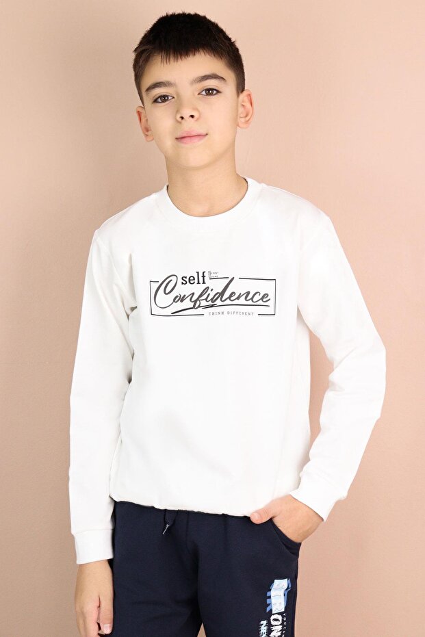 Boy's Sweatshirt Text Printed 8-14 Years Old, Ecru