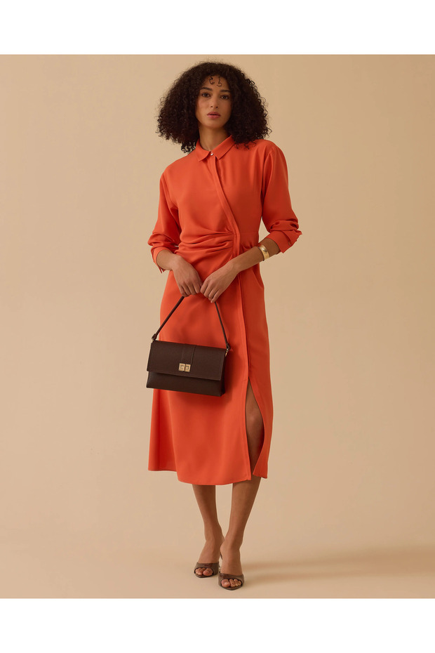 Gömlek Yaka Drapeli Elbise - 3