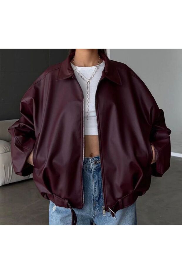 Women's Oversize Leather Jacket – Oversize Zippered Belt Detailed Casual Women's Jacket Bordo