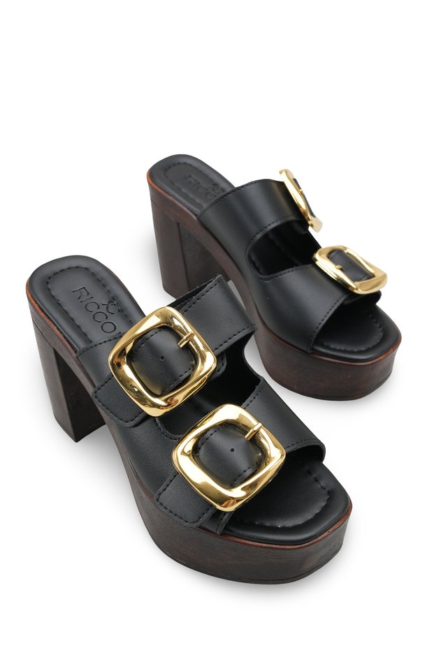 Mylsaria Women's Double Buckle Heeled Slippers 0012766 Black Skin