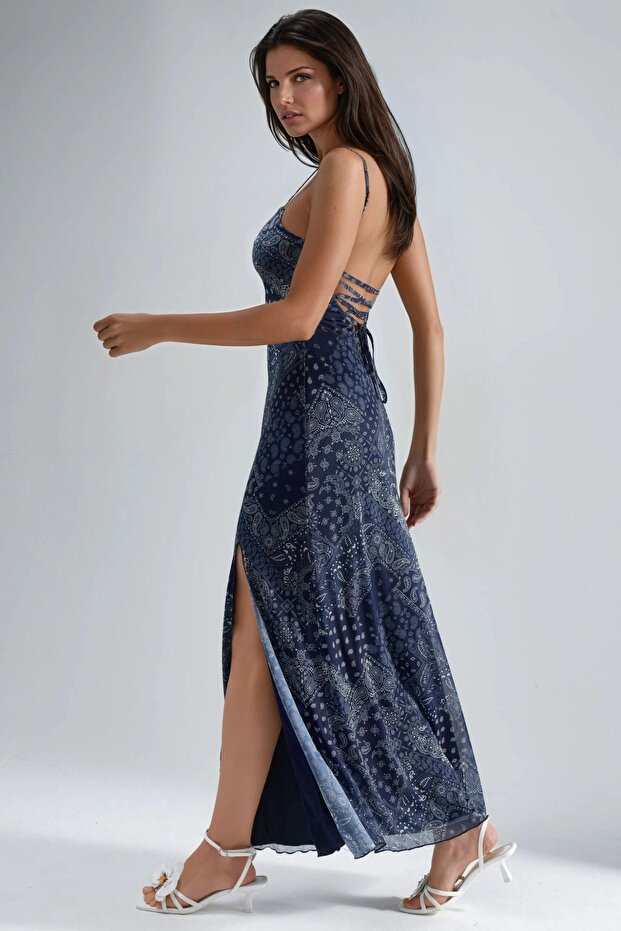 Kare Yaka Baskılı Midi Elbise - 6