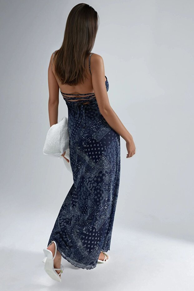 Kare Yaka Baskılı Midi Elbise - 4