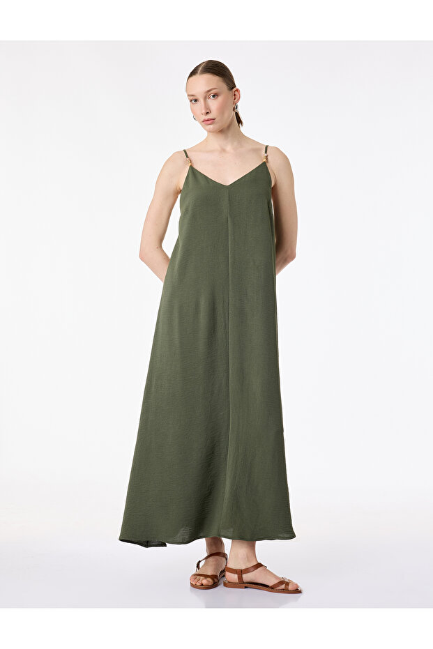 Aerobin Fabric Wooden Bead Detailed Long Satin Dress with Rope Straps