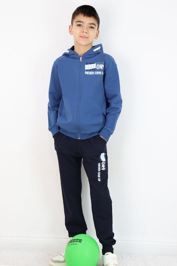 Boy's Tracksuit Set Hooded Summer Printed Pockets 8-14 Years, Indigo