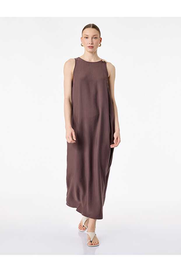 Modal Fabric Loose Fit Metal Accessory Sleeveless Crew Neck Long Flared Dress