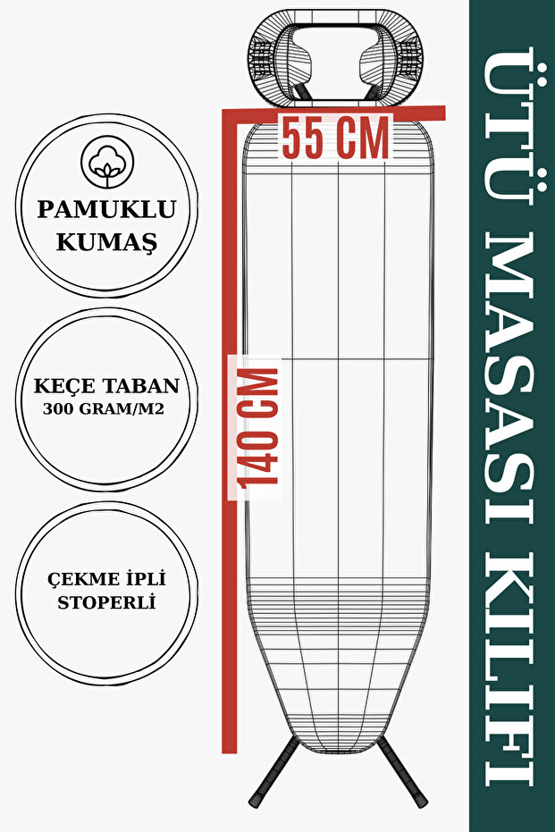 Ütü Masası Kılıfı Büyük Boy Ipli Stoperli Keçeli Kılıfı Örtüsü Bezi 55x140cm Deniz - 4