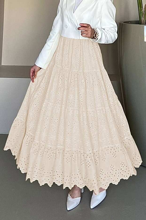 Fisto Işlemeli Katlamalı Etek -Bej - 4