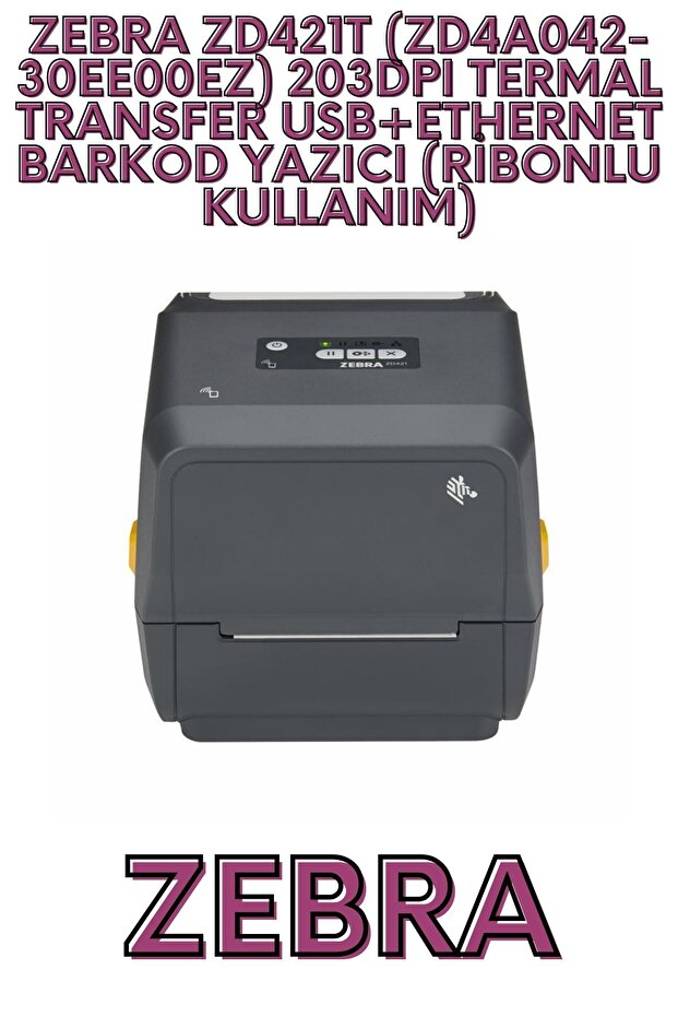 طابعة باركود حرارية ZD421T (ZD4A042-30EE00EZ) بدقة 203 نقطة في البوصة مع اتصال USB وإيثرنت (تستخدم مع شريط الطباعة)