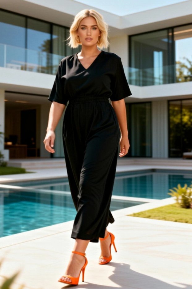 Women's Plus Size V-Neck Short Sleeve Relaxed Fit Elastic Waist Plain Woven Wide Leg Jumpsuit Stylish