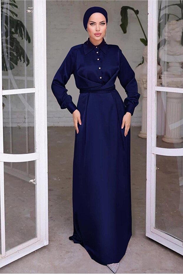 WOMEN'S DARK BLUE BELLOWED SATIN DRESS T 6654
