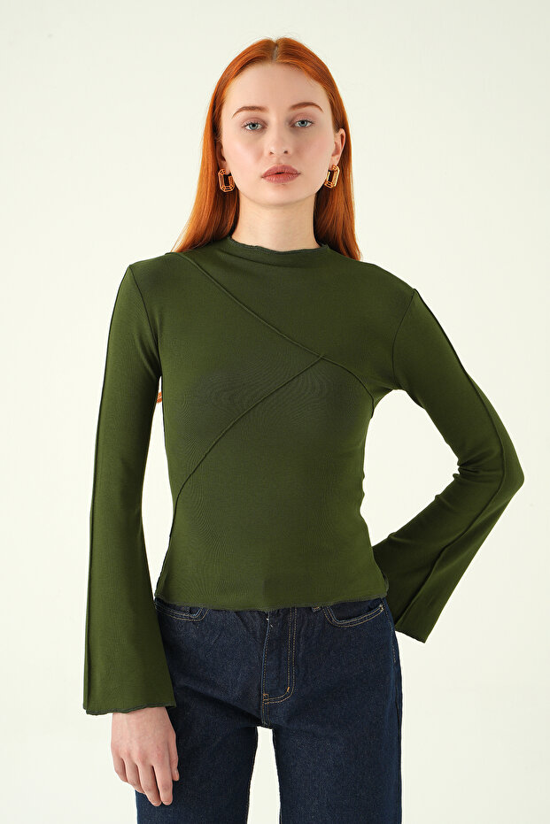Khaki Crew Neck Front Ruffled Blouse 8238A - 6
