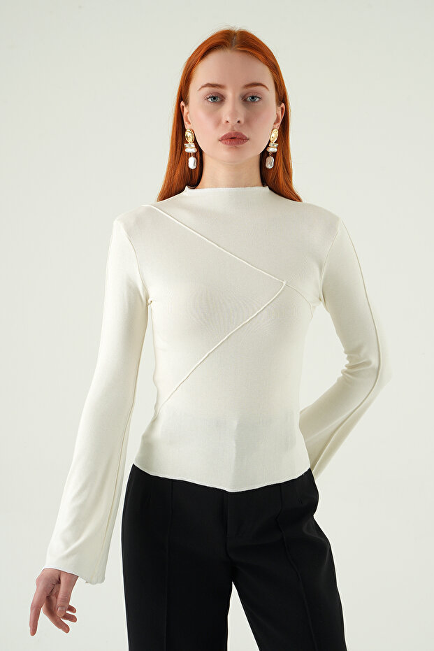 8238A Crew Neck Front Ruffled Blouse Ecru - 6