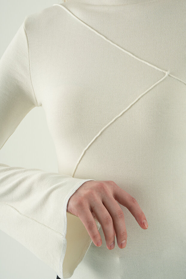 8238A Crew Neck Front Ruffled Blouse Ecru - 4