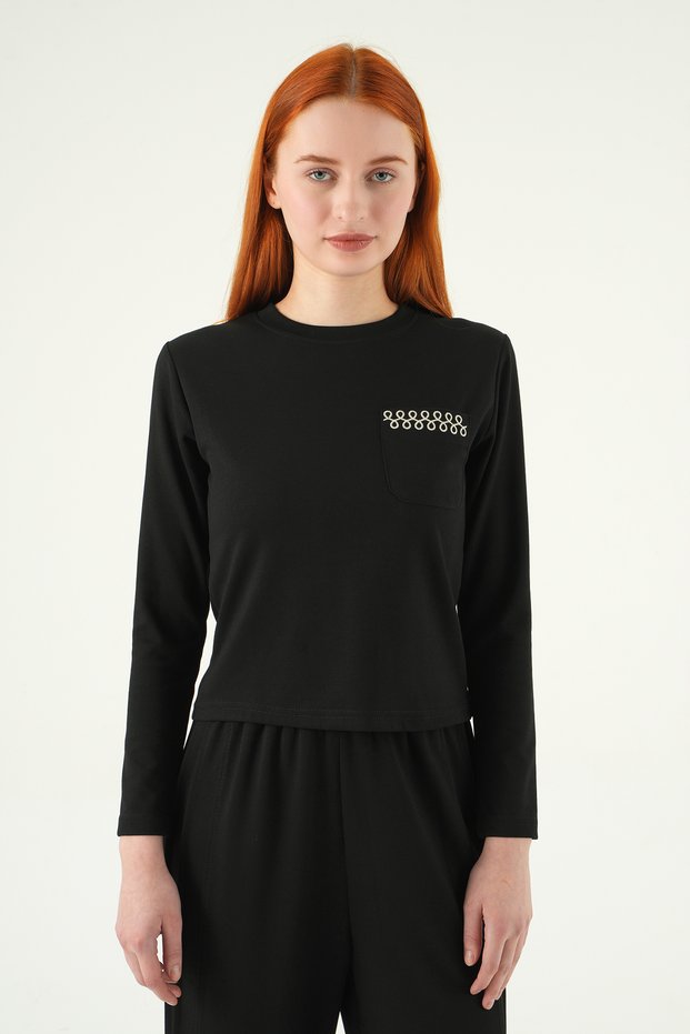 Black Crew Neck Pocket Embroidered Badi 8344A
