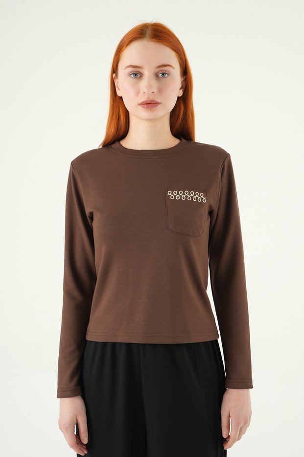 Brown Crew Neck Pocket Embroidered Badi 8344A