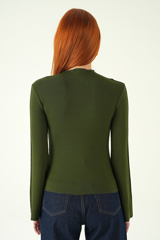 Khaki Crew Neck Front Ruffled Blouse 8238A - 5