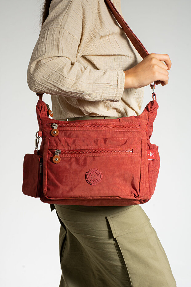 M 211 Krinkle Fabric Shoulder Bag – Rain Resistant – Tile Pattern with Removable Wallet