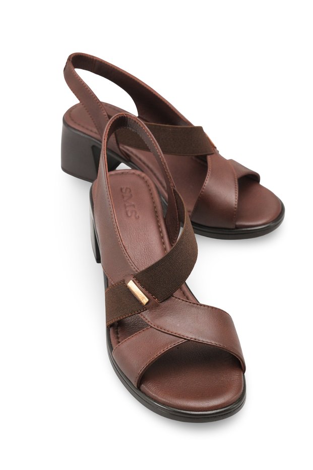 Women's Cross Strap Detailed Heeled Daily Comfortable Stylish Casual Tarifa Brown Genuine Leather Sandals