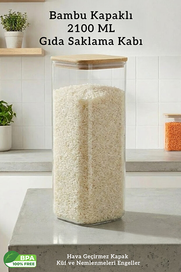 Bamboo Lid Square 2.1 Liter Airtight Legume Food Storage Container - 2100 ml