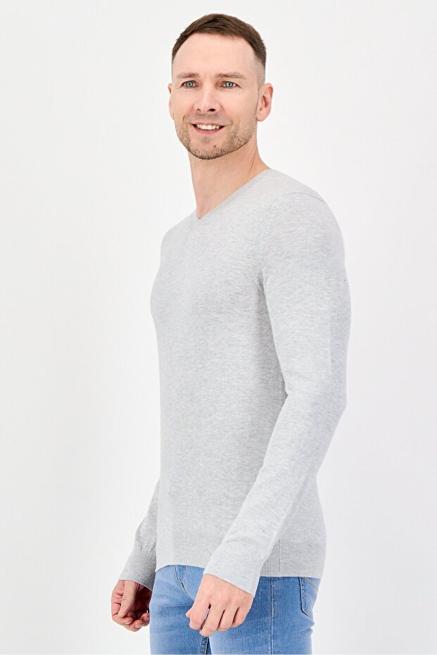 Men V Neck Long Sleeves Plain Sweaters, Light Grey - 2